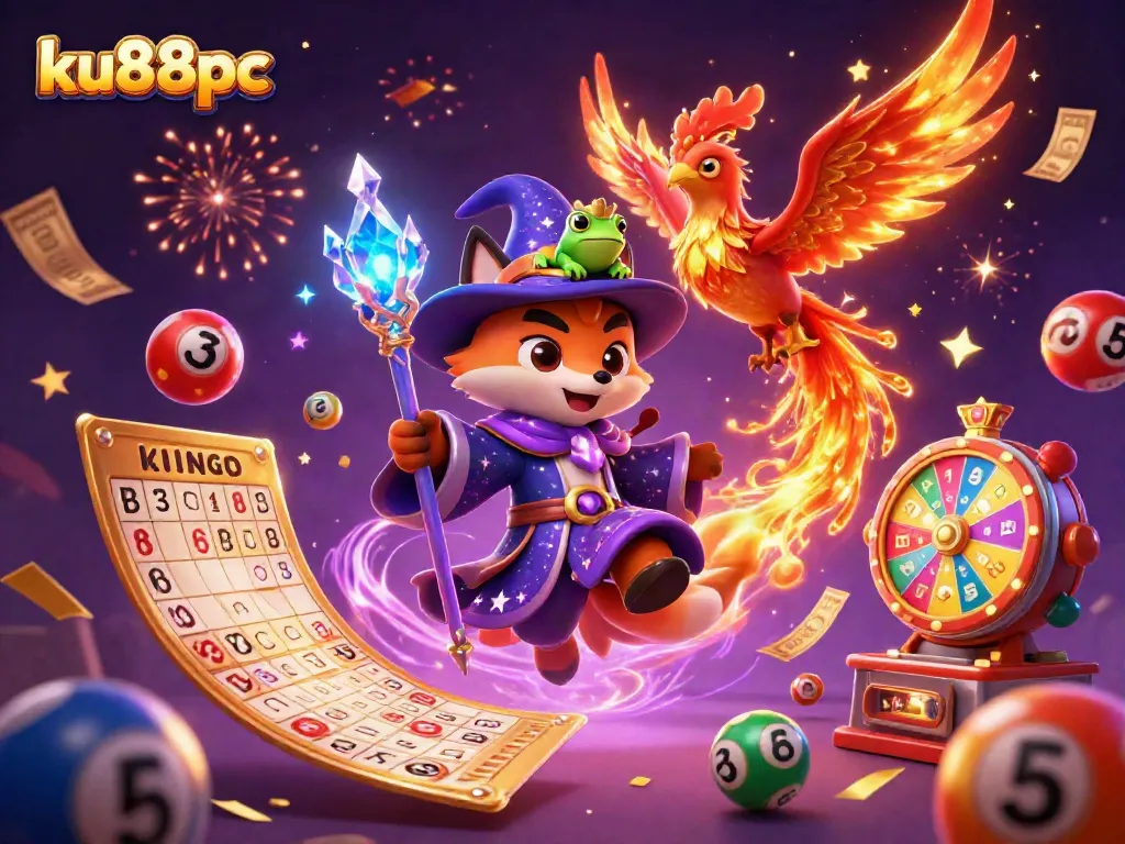 Win big with ku88pc in an exciting and colorful lottery-themed scene featuring mystical characters.