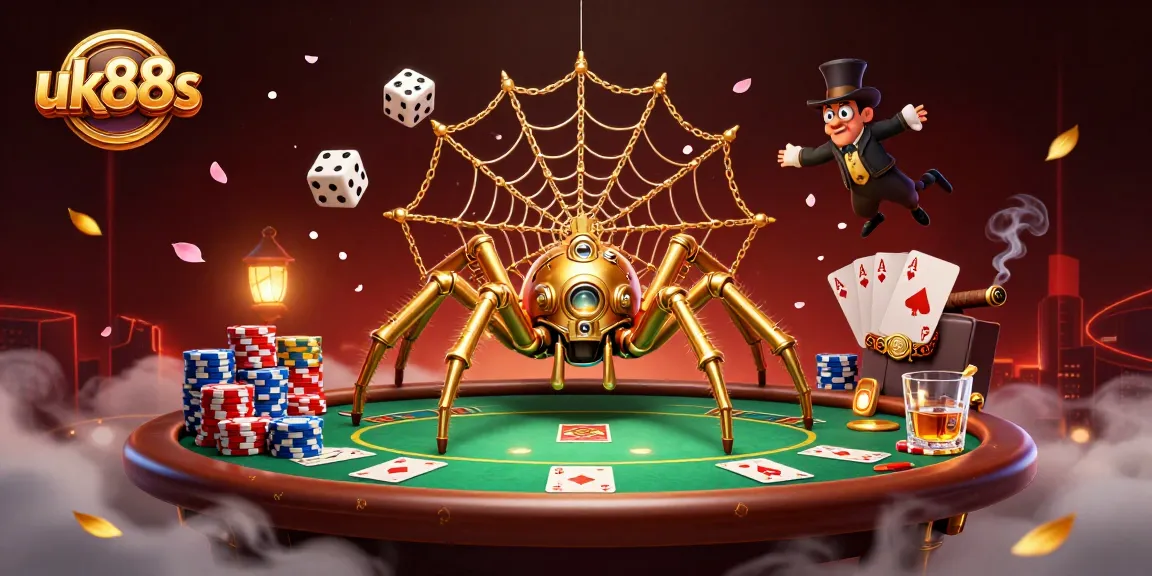 Experience uk88s with a playful steampunk-themed casino scene featuring poker elements and whimsical characters.