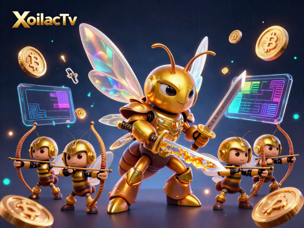 XoilacTv showcases dynamic online gaming through a vibrant, 3D cartoon scene featuring a golden hornet and bee archers.