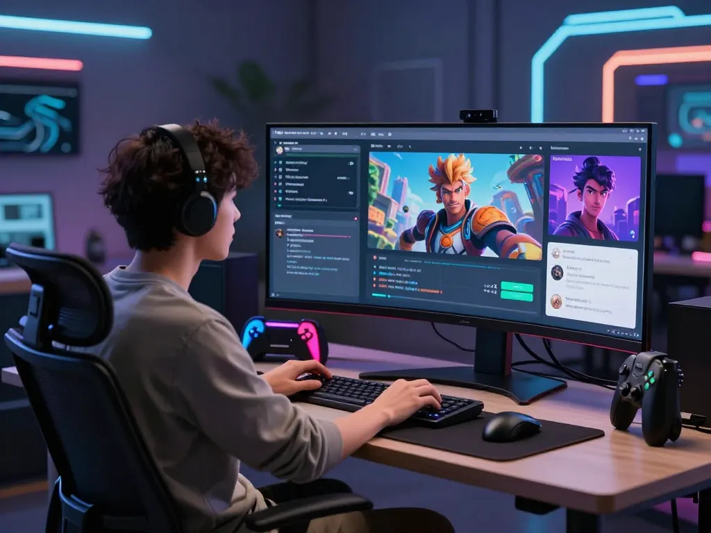 User engaging with crushon AI characters in a modern workspace showcasing vibrant interfaces and futuristic elements.
