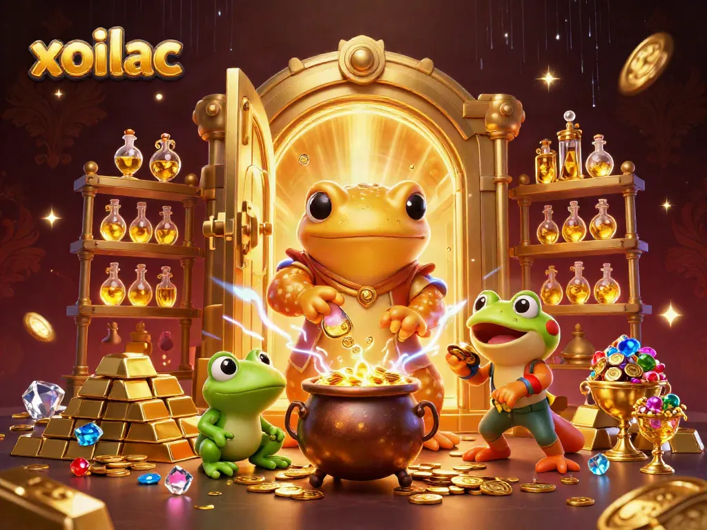Xoilac showcases a vibrant 3D alchemy scene with magical transformations in an engaging gambling context.