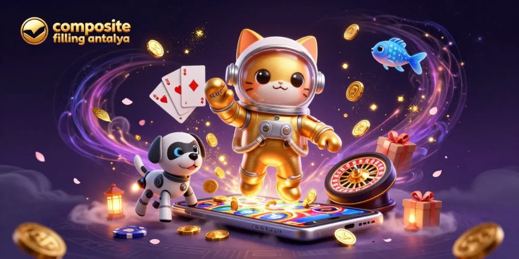 Experience the vibrant scene of composite filling antalya as characters engage in lively casino-themed action with slots and games.