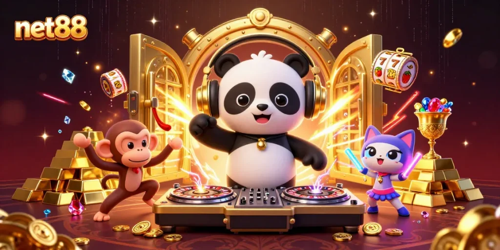 Experience the excitement of net88 with DJ panda and vibrant casino elements in this dynamic 3D illustration.