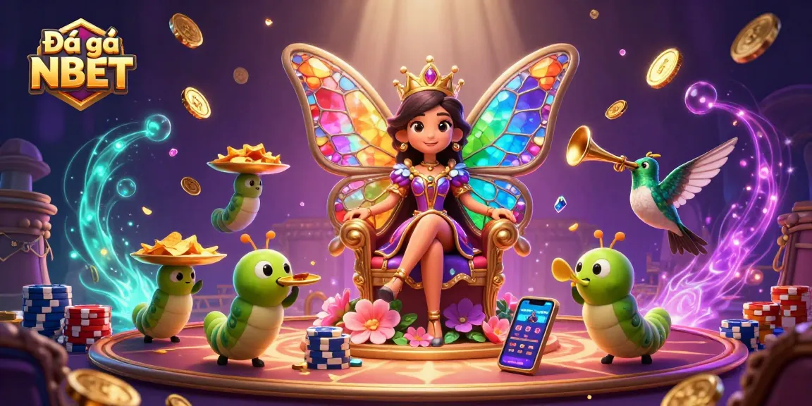 Experience the excitement of Đá gà NBET with vibrant visuals featuring a butterfly queen and dynamic gaming elements.