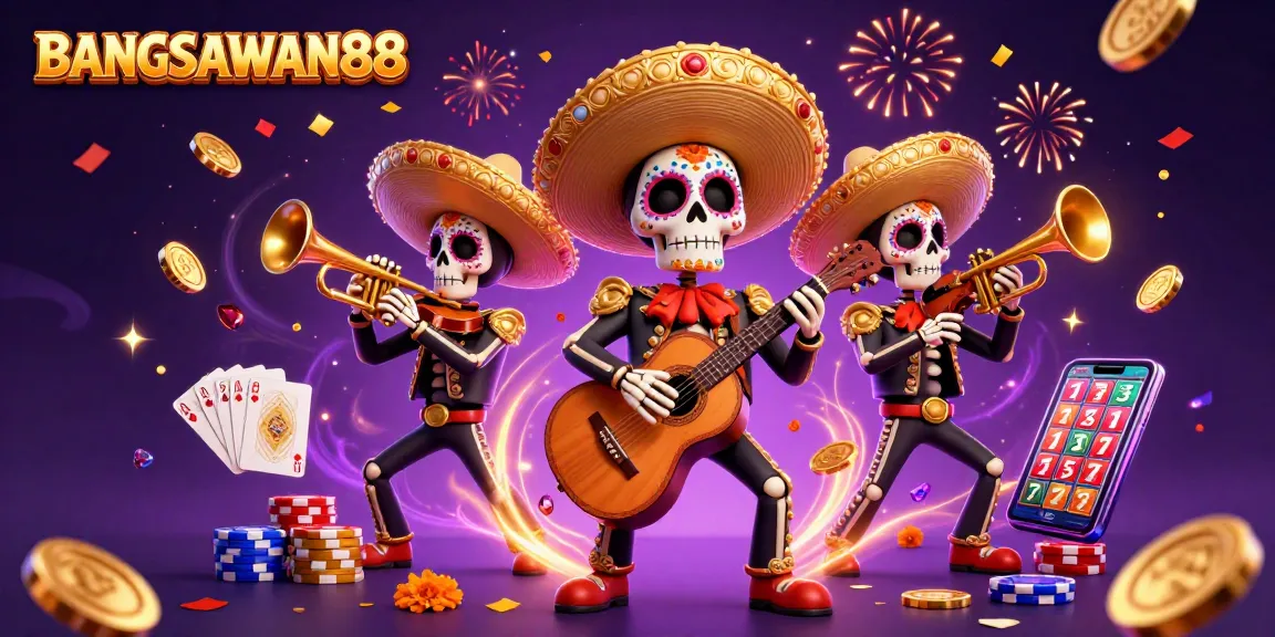 BANGSAWAN88 showcases a vibrant 3D illustration of a mariachi band amidst cascading coins and chips, epitomizing the excitement of online gambling.