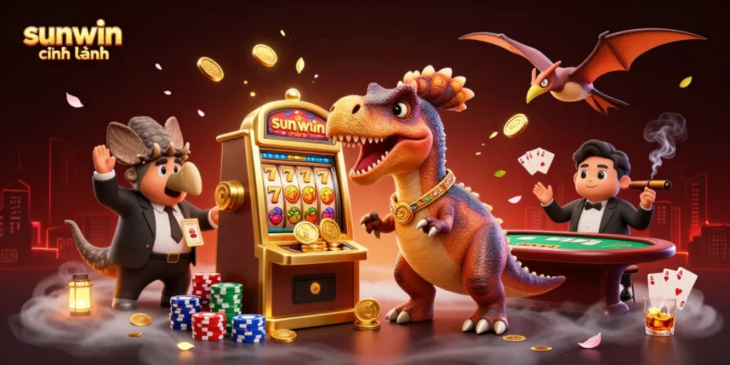 Catch jackpot coins at sunwin chính hãng, featuring playful casino dinosaurs in an action-packed scene.