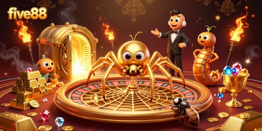 Spin the roulette wheel at five88 with a golden spider and a nervous fly betting in a vibrant casino.