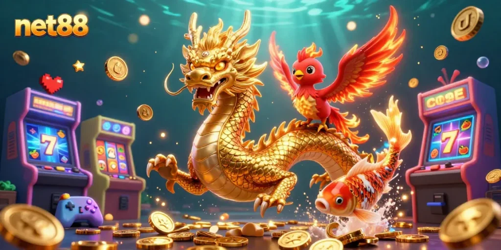 Experience thrilling gameplay at net88 with a vibrant dragon and phoenix amidst exciting slots.
