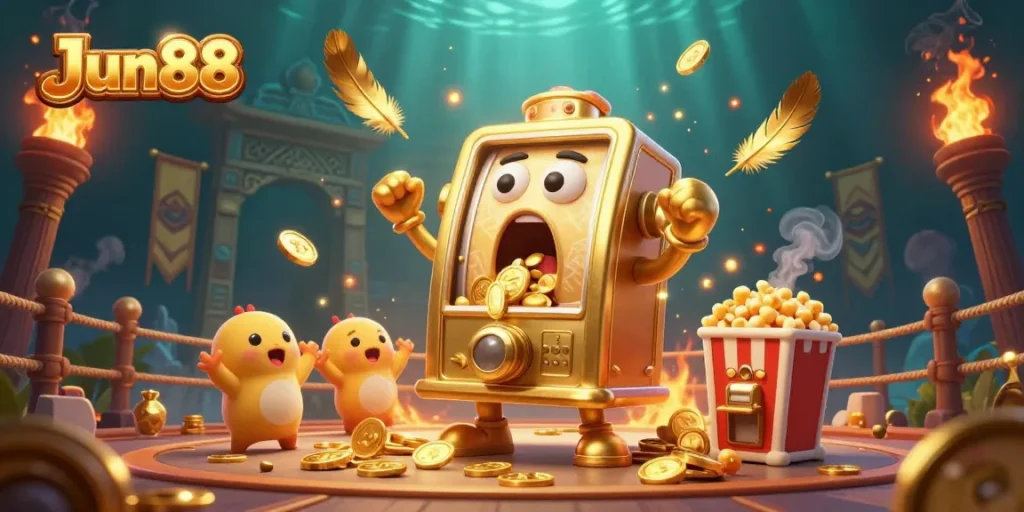 Experience excitement with Jun88 as a golden slot machine hits a jackpot, showering coins everywhere!