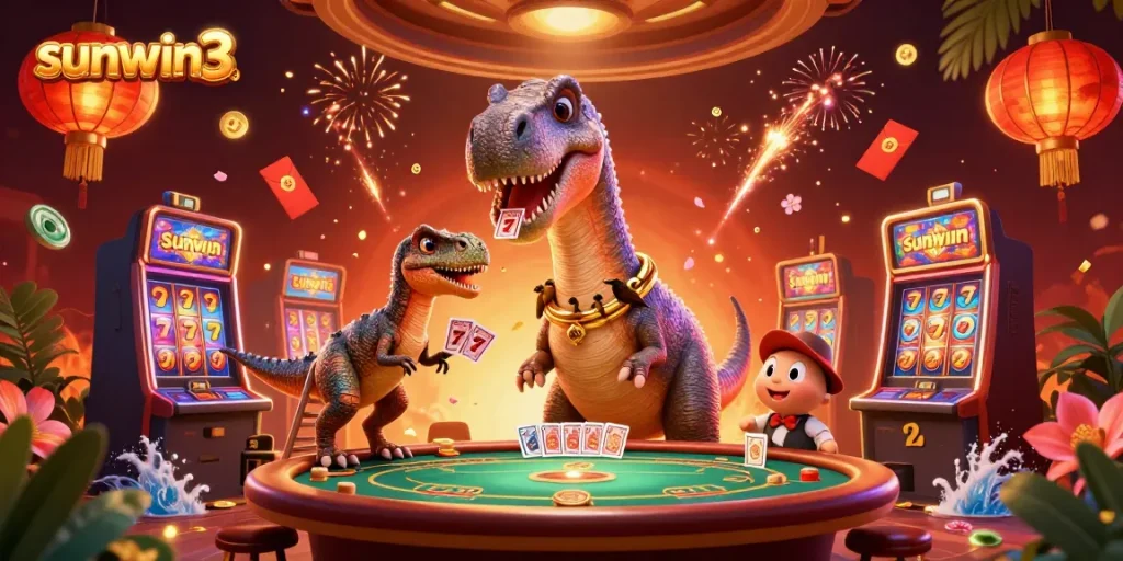 Join the fun at sunwin3, with a giant brontosaurus watching over a thrilling slot game scene.