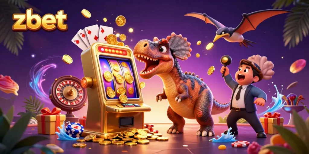 zbet showcases a pachycephalosaurus winning jackpot with a golden slot machine, surrounded by vibrant casino elements.