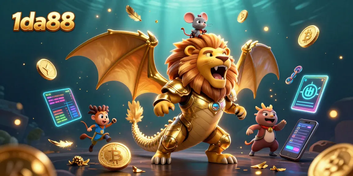 Engage with 1da88 through a vibrant casino scene featuring a victorious chimera and crypto elements.