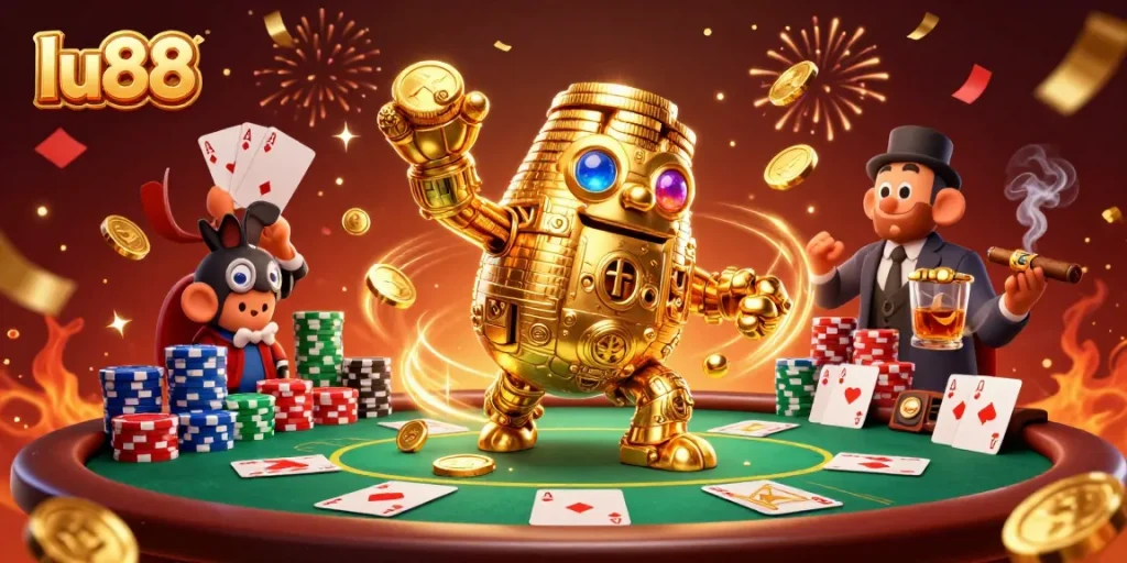 Experience the magic of lu88 with a dynamic poker scene featuring a golden golem and vibrant casino elements.