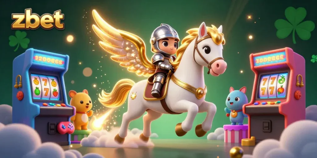 Experience thrilling action with zbet showcased in a vibrant 3D casino scene featuring a magical horse.