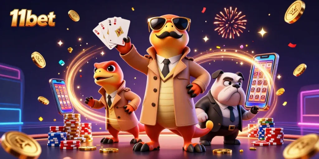 Experience thrilling betting at 11bet with cartoon raptors in a trench coat entering a casino.