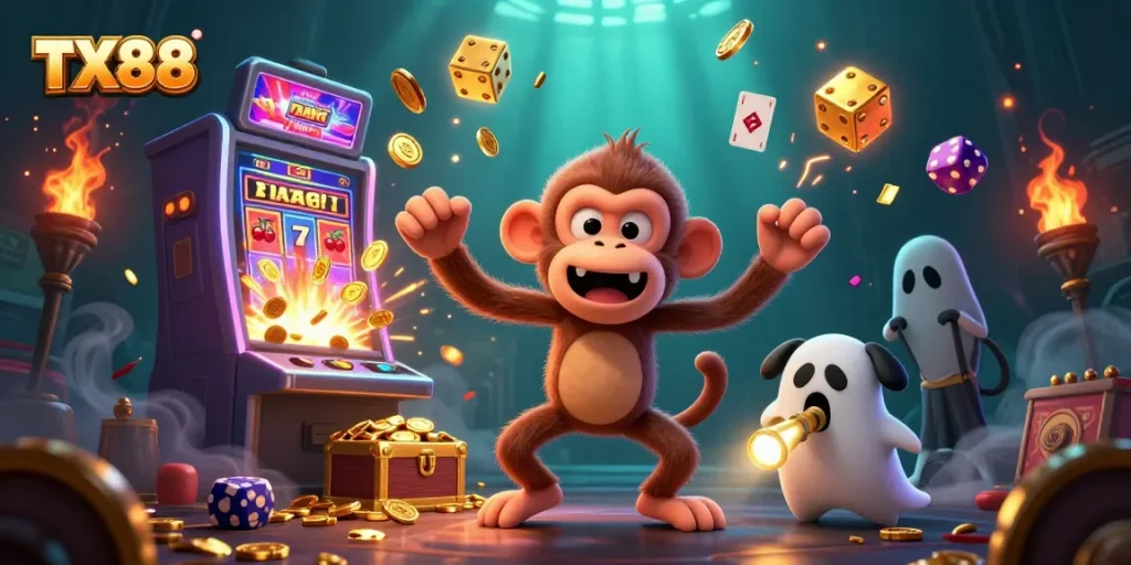TX88 thrilling scene with a mischievous ghost monkey juggling coins and chips in a haunted casino
