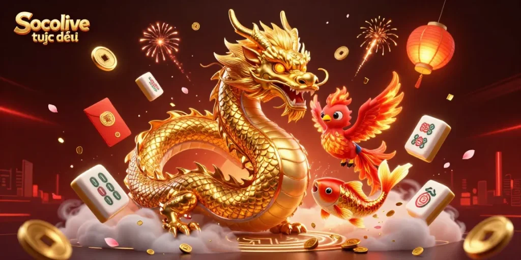 Experience Socolive trực tiếp with vibrant dragon, phoenix, and koi fish amid a dynamic gambling scene.