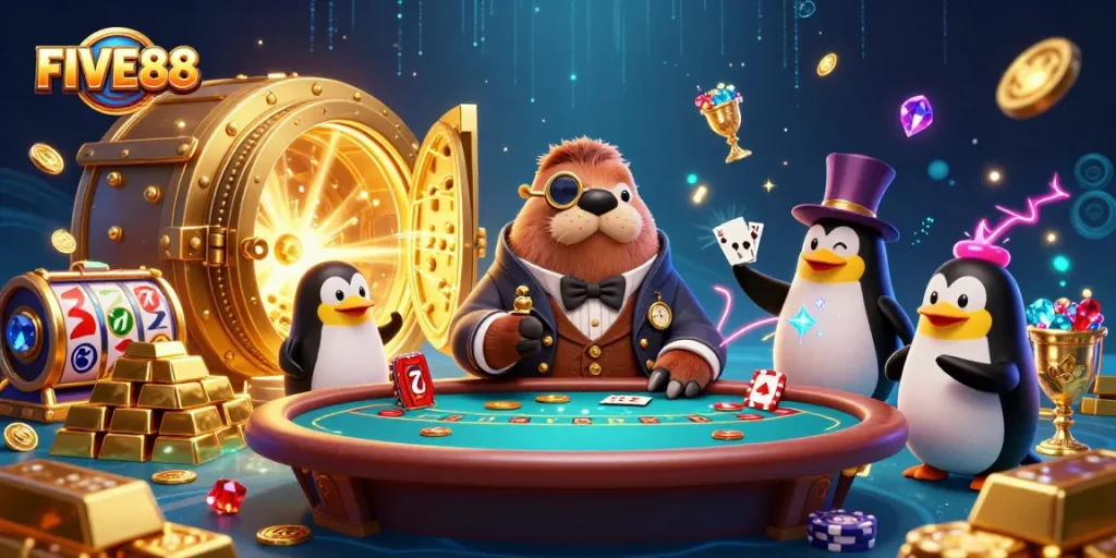 Join the FIVE88 poker showdown with a jolly walrus, penguin dealer, and bluffing pufferfish.