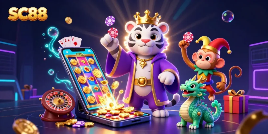 Experience the excitement of SC88 with a vibrant 3D illustration of a tiger and monkey among casino elements.