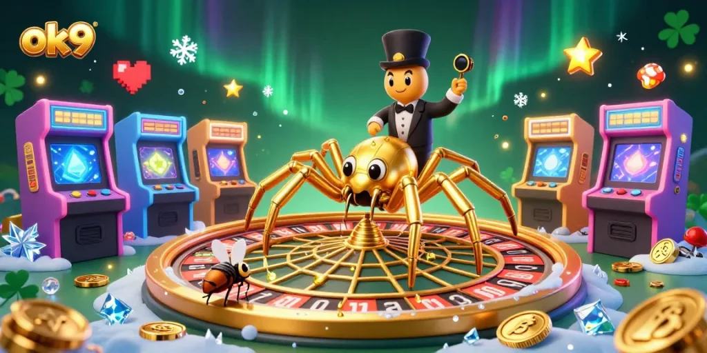 Bet on exciting games at OK9, showcasing a golden spider spinning a roulette wheel web.