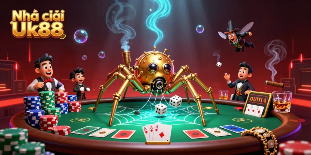 Engage with Nhà cái Uk88's vibrant gambling scene featuring steampunk elements and poker action.