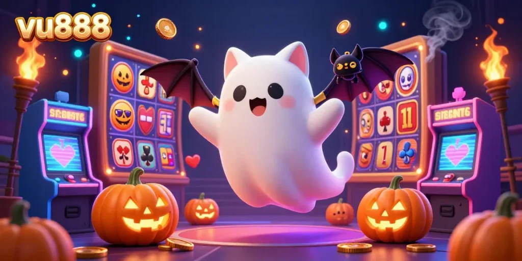 Spin to win at vu888 in this vibrant casino scene featuring a ghost cat and gaming elements.