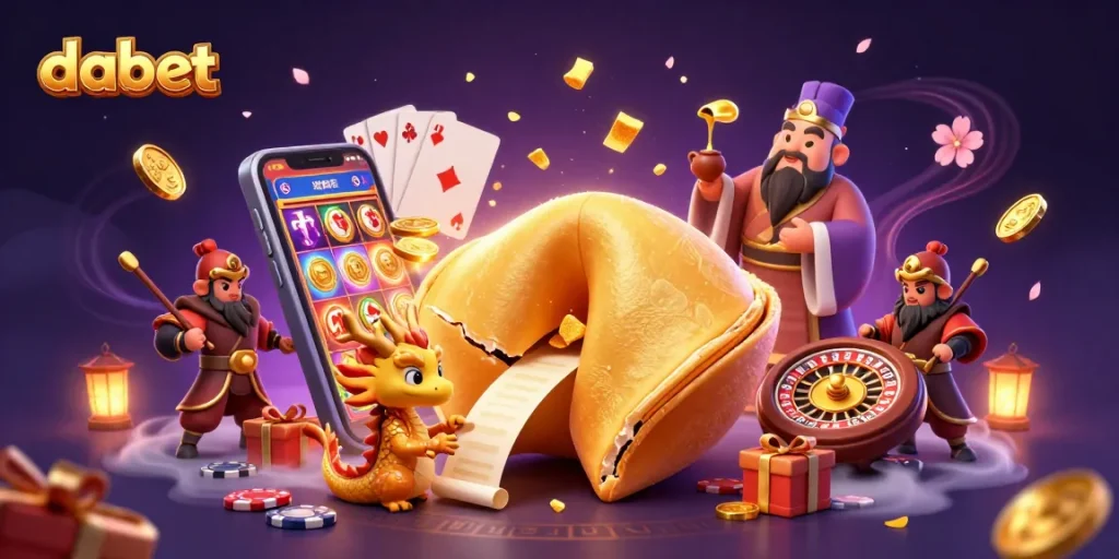 Dabet offers thrilling gaming experiences with a dynamic 3D scene featuring a fortune cookie dragon and colorful slot elements.
