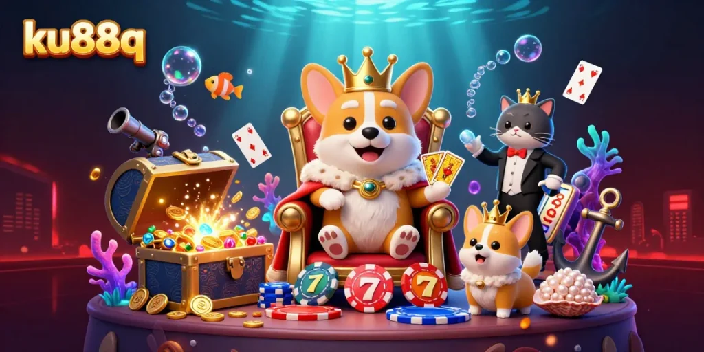 Experience the excitement at ku88q with vibrant slots and a royal corgi immersed in casino fun.