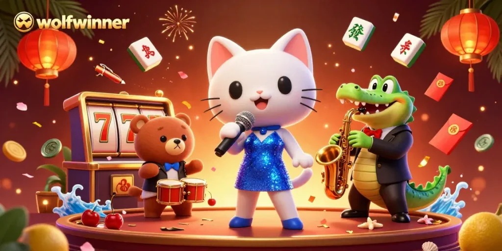 Wolfwinner showcases a vibrant casino scene with animated characters and gaming elements.