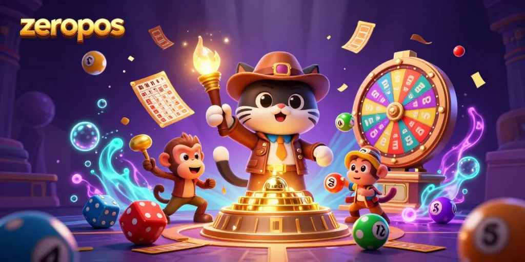 Engage with zeropos in an ultra-detailed 3D illustration of an archaeologist cat discovering casino treasures.