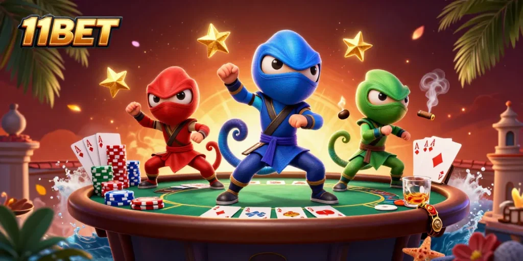 11BET ninjas engaging in high-stakes poker action with colorful chips and cards.
