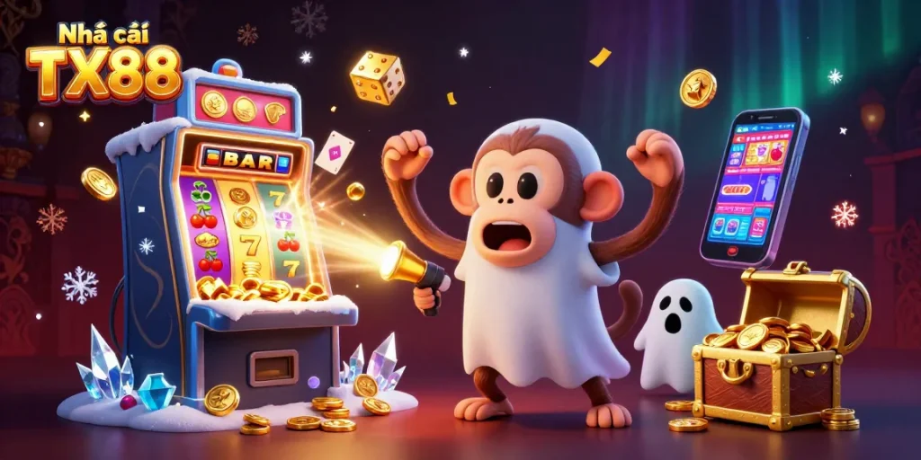 Engaging Nhà cái TX88 casino scene with a playful ghost monkey and a curious puppy tracking golden treasures.