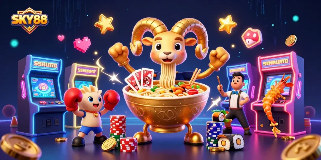 Experience thrilling games at SKY88 with a vibrant casino scene featuring a golden ramen bowl dealer.