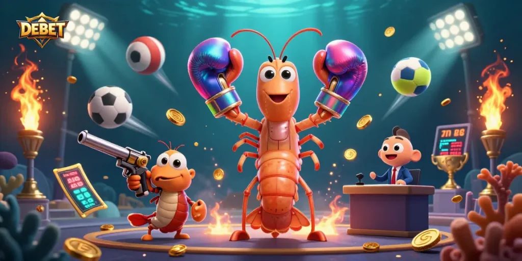 Engage with DEBET's thrilling sports betting experience showcased by vibrant 3D characters