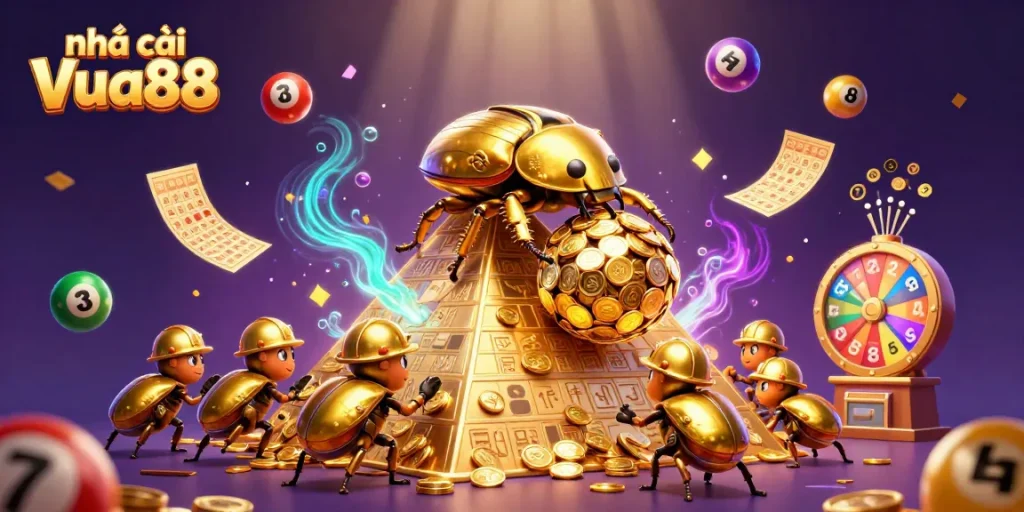 Experience the thrilling engagement of Nhà cái Vua88 with lottery and casino symbols combined in a dynamic illustration.