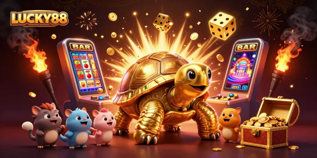 LUCKY88 features a colossal golden tortoise pinball machine amidst vibrant casino elements.