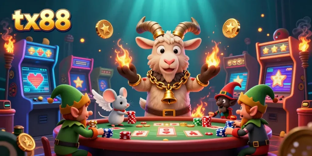 Engage with the tx88 holiday-horror casino scene featuring a Krampus goat, angel mouse, and elf gremlins in an exciting gaming atmosphere.