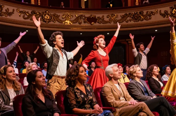Audience captivated by a rokok88 theatre performance, showcasing vibrant stage lighting and engaging actors.