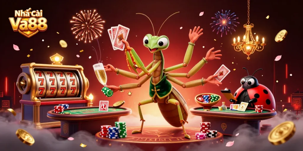 Experience thrilling gameplay at Nhà cái Va88 with vibrant slot reels and dealers in action.