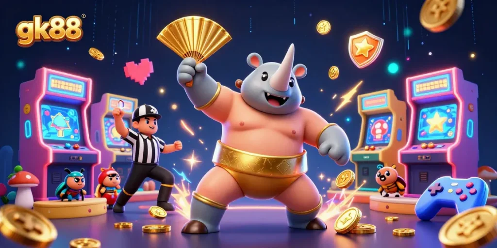 gk88 chào mừng bạn đến với thế giới casino với hình ảnh chú bò rừng và các máy game 3D sôi động