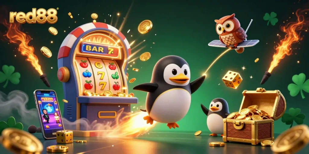 Experience the thrill of red88 with a golden penguin soaring through space, revealing a vibrant casino adventure.