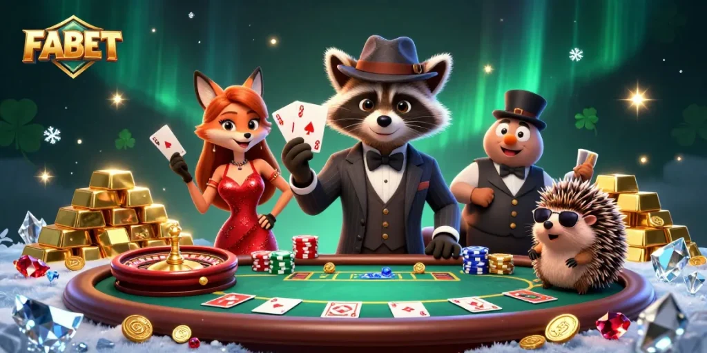 Join FABET's exciting gaming scene with a raccoon, fox, and hedgehog amidst a poker table delight.