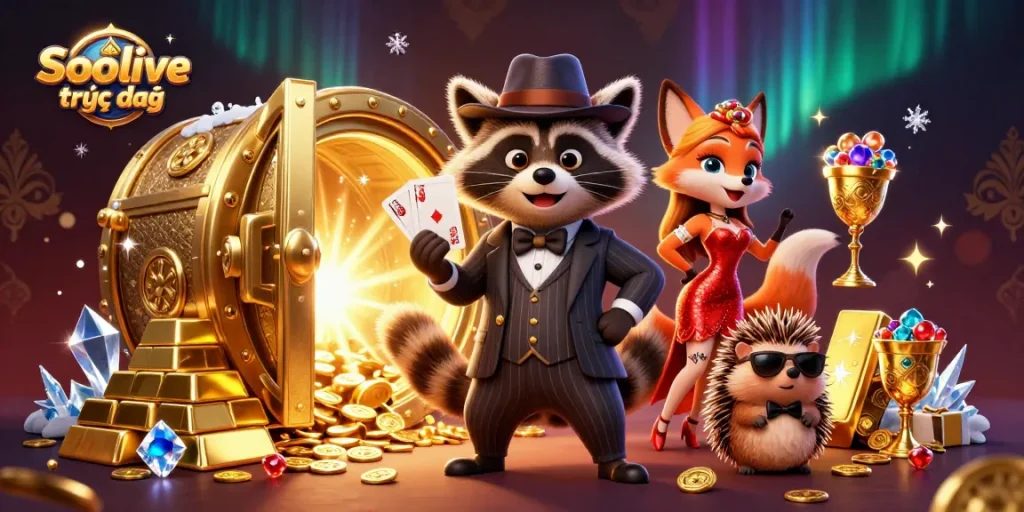 Socolive trực tiếp showcases the dynamic experience of online gambling with unique characters enjoying the thrill of fortune.