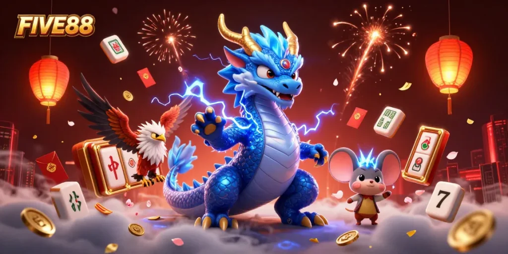 Experience the excitement of FIVE88 with dynamic slot reels and vibrant casino elements.