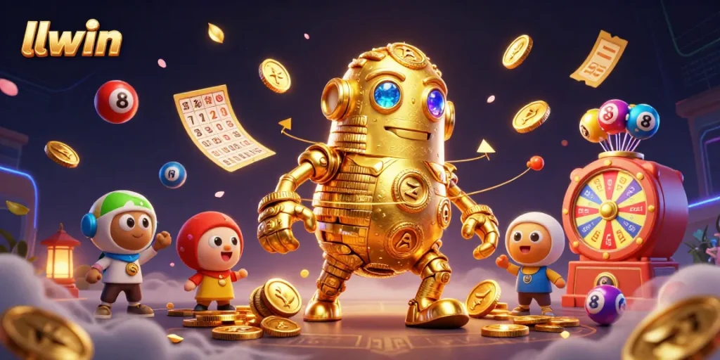 Experience thrilling gaming at llwin with a dynamic scene of a golden golem and casino elements.