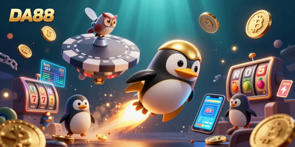 Experience thrilling gameplay at DA88 with our vibrant rocket-powered penguin navigating a blockchain casino universe.
