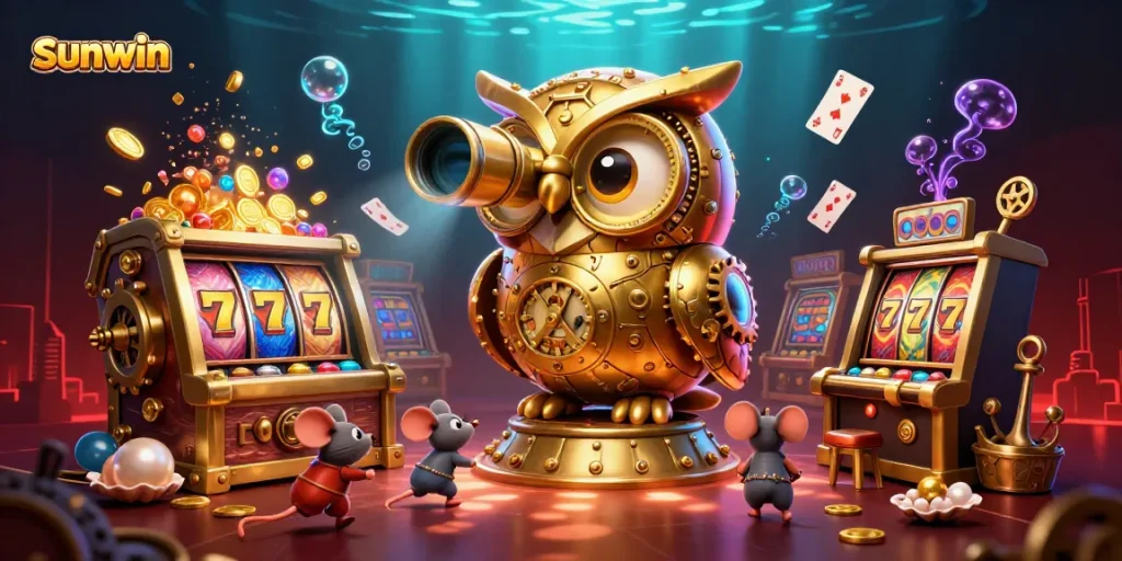 Experience sunwin's excitement with a golden owl surveying a vibrant casino scene filled with lively elements.