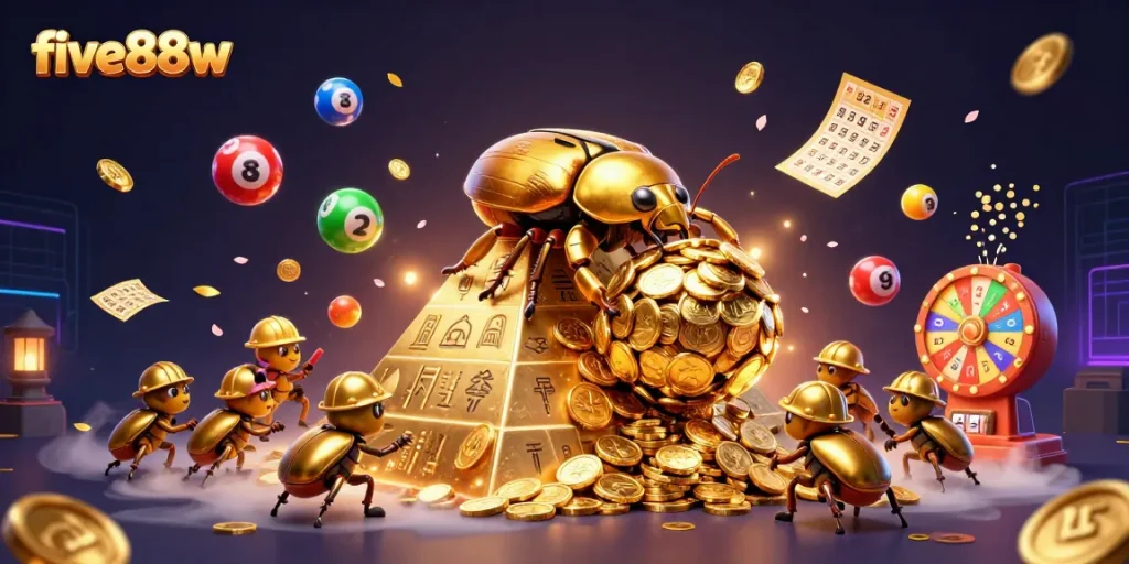 Engage with vibrant lottery excitement featuring five88w golden beetles and bouncing number balls.