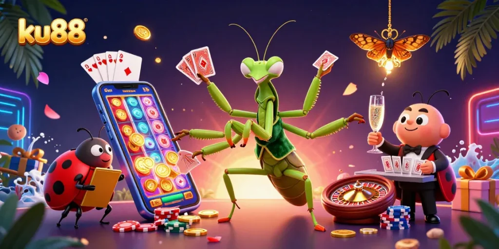 Enjoy thrilling gaming features at ku88 with vibrant characters in a packed casino scene.