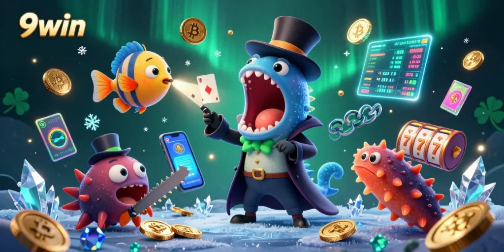 Experience thrilling magic at 9win with a captivating sea-themed casino illustration showcasing vibrant crypto elements.